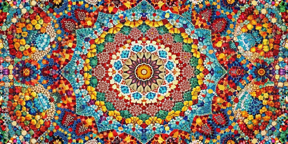 Poster vibrant geometric kaleidoscopic mosaic pattern with high depth of field capturing intricate designs 
