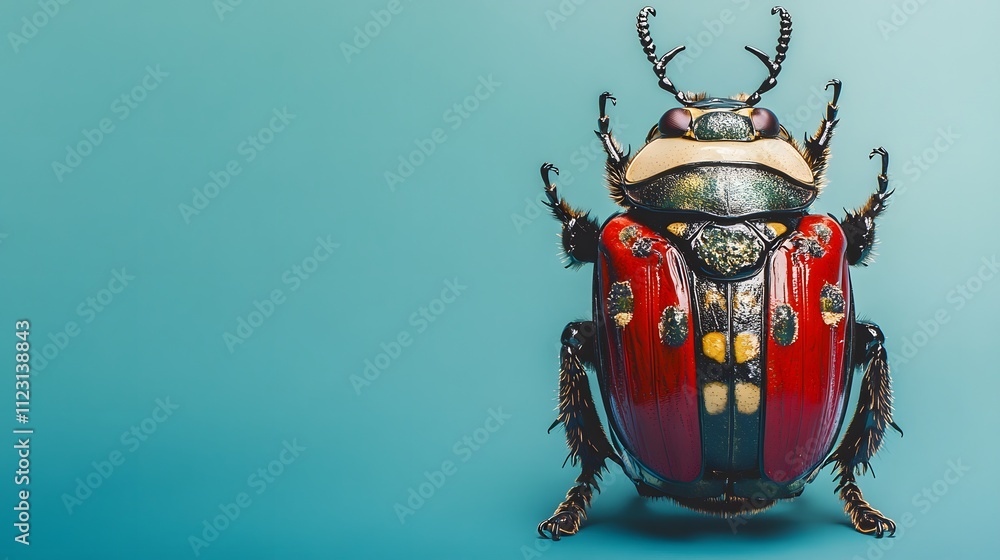 Aufkleber a beetle dressed in a royal guard uniform, set against a soft blue background with plenty of empty s