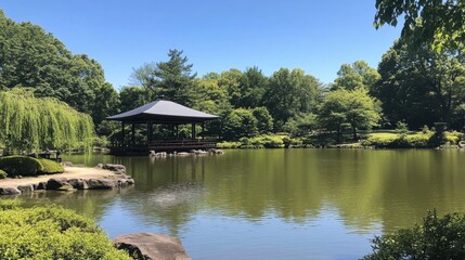 Obraz premium Tranquil Japanese Garden with Pavilion and Serene Reflection Pool