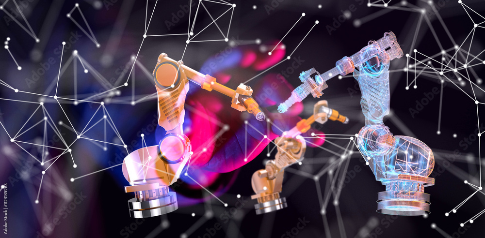 Poster Neural network 3D illustration. Big data and cybersecurity