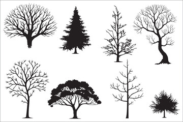 Obraz premium Various black tree silhouettes on white background.
