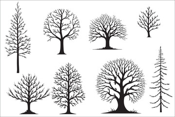 Obraz premium Various black tree silhouettes on white background.