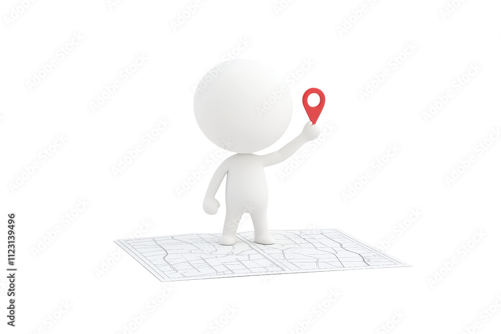 Poster a stylized figure holds a red location pin above a map, symbolizing navigation or locating places.