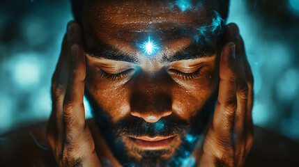 Man meditating with hands on face, releasing negativity and emotions, tapping into third eye energy
