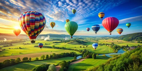 Fototapeta premium Vibrant Hot Air Balloons Soaring Against a Clear Blue Sky with Lush Green Fields Below, Perfectly Capturing the Beauty of Nature and Adventure in High Depth of Field Photography