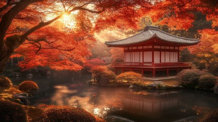 Fototapeta premium Serene Autumn Landscape with Traditional Red Pavilion and Golden Light