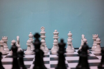 chess pieces arranged on a board. selective focus. game, strategy and business concepts