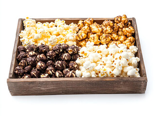 A delicious assortment of flavored popcorn in a wooden tray, perfect for snacking or sharing at any gathering.