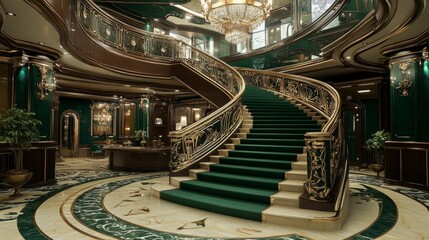 Obraz premium Luxurious reception area featuring a curved green and cream staircase, intricate railings, and an elegant chandelier centerpiece