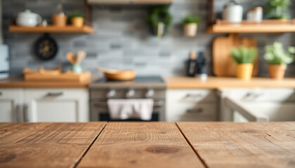 Wood table top highlighted with a blurred kitchen counter in the background