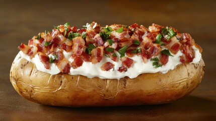 Baked Potato Topped with Bacon, Sour Cream, and Fresh Herbs