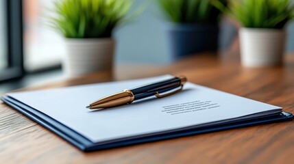 Elegant pen resting on a clean sheet of paper with plant decor on a wooden desk in a modern workspace