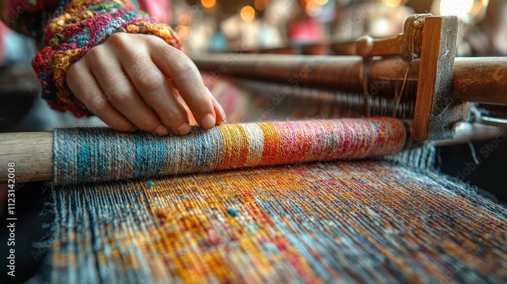 Aufkleber hand on loom creating colorful textile pattern in artisan workshop, crafting tradition and skill in 