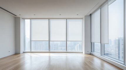 Obraz premium Minimalist apartment with floor-to-ceiling windows featuring dual-layer roller blinds and slimline shutters