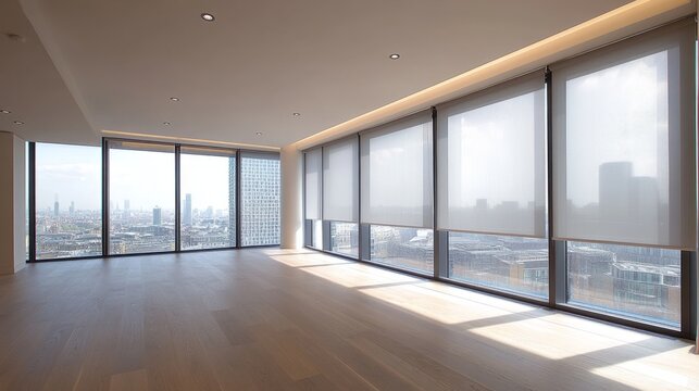 Minimalist apartment with floor-to-ceiling windows featuring dual-layer roller blinds and slimline shutters