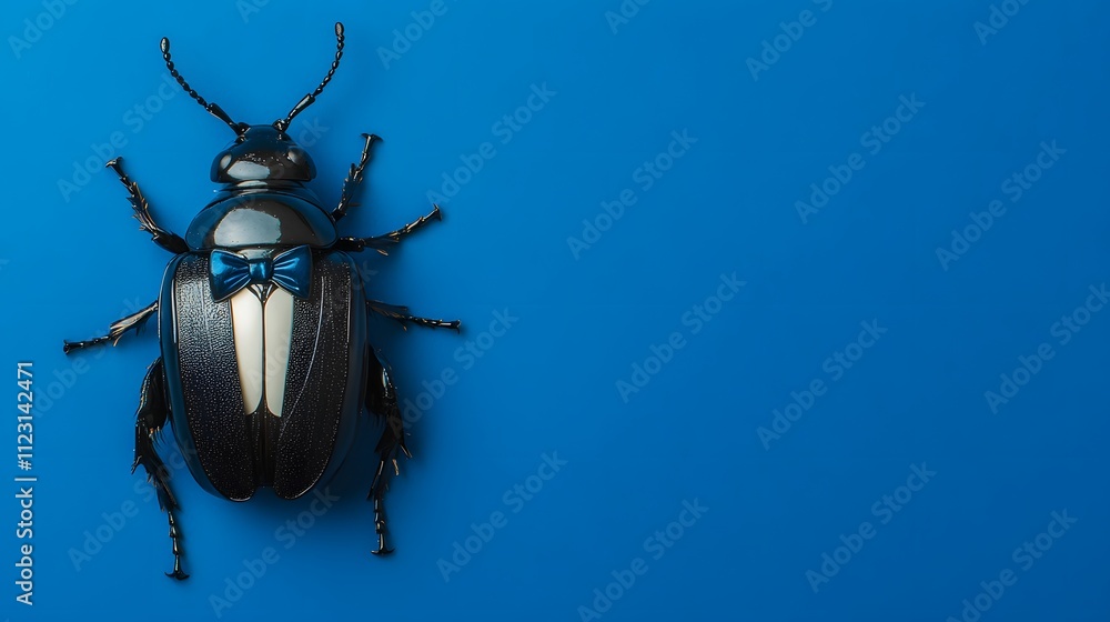 Poster a beetle in a formal tuxedo with a bow tie, positioned on a royal blue background with a large empty