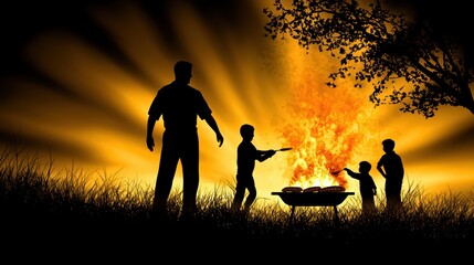 Obraz premium Family barbecue celebration at sunset outdoor gathering silhouetted joyful moments warm atmosphere