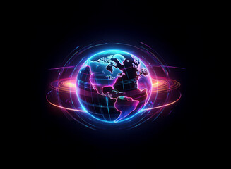 Fototapeta premium A vibrant, glowing digital Earth encircled by neon rings, symbolizing global connection and technological advancement. The dark background emphasizes the futuristic, energetic feel.