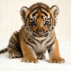 Obraz premium Adorable Tiger Cub Sitting on Soft Blanket with Curious Expression