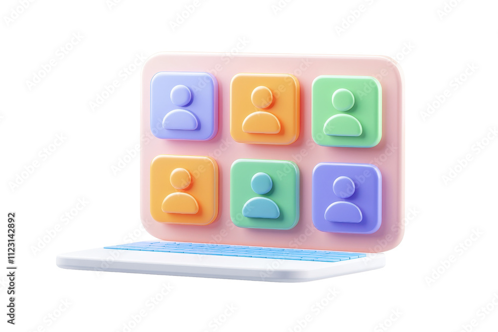 Poster a colorful laptop display featuring six profile icons in various pastel colors, symbolizing user int