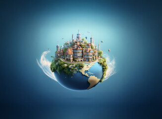 A miniature town sits atop a small globe, surrounded by clouds, illustrating the concept of a global community or a world in one's hands.  The scene is serene and dreamlike.