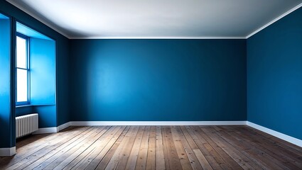 Dark blue wall in an empty room with a wooden floor 
