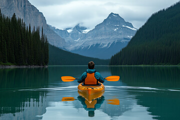 A person kayaking on a turquoise mountain lake with a stunning backdrop of towering peaks and forests. A tranquil outdoor adventure captured beautifully.