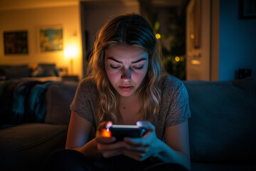 Young woman looking anxious while staring at her smartphone, illuminated by its screen in a dimly lit room.