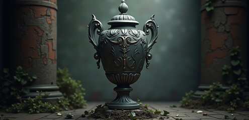 Ornate metal urn in mysterious garden setting