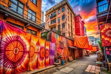 Naklejka premium Vibrant Orange and Pink Shibori Patterned Background for Urban Exploration Photography, Showcasing Unique Textiles in a Modern City Environment, Perfect for Artistic Projects and Decor