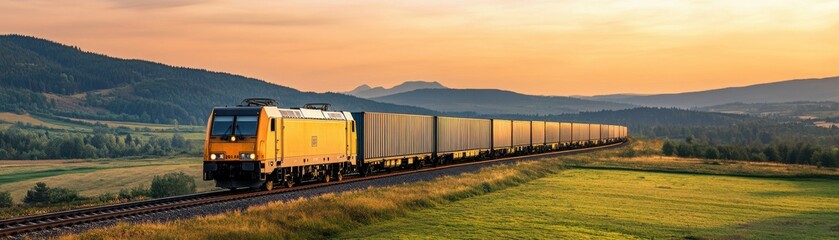 Obraz premium A freight train travels through a scenic landscape at sunset, showcasing the harmony between transport and nature.