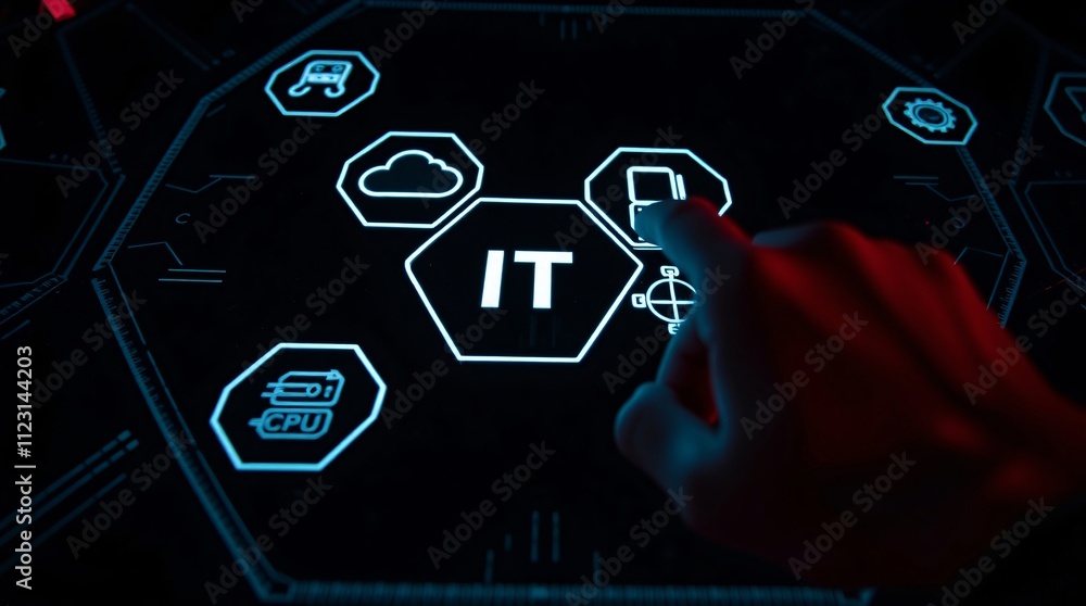 Poster interactive it solutions: a hand interacts with a futuristic, glowing interface showcasing various i