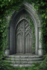 Fototapeta premium Gothic-style wooden doors surrounded by lush green ivy on a stone building, exuding mystery, AI