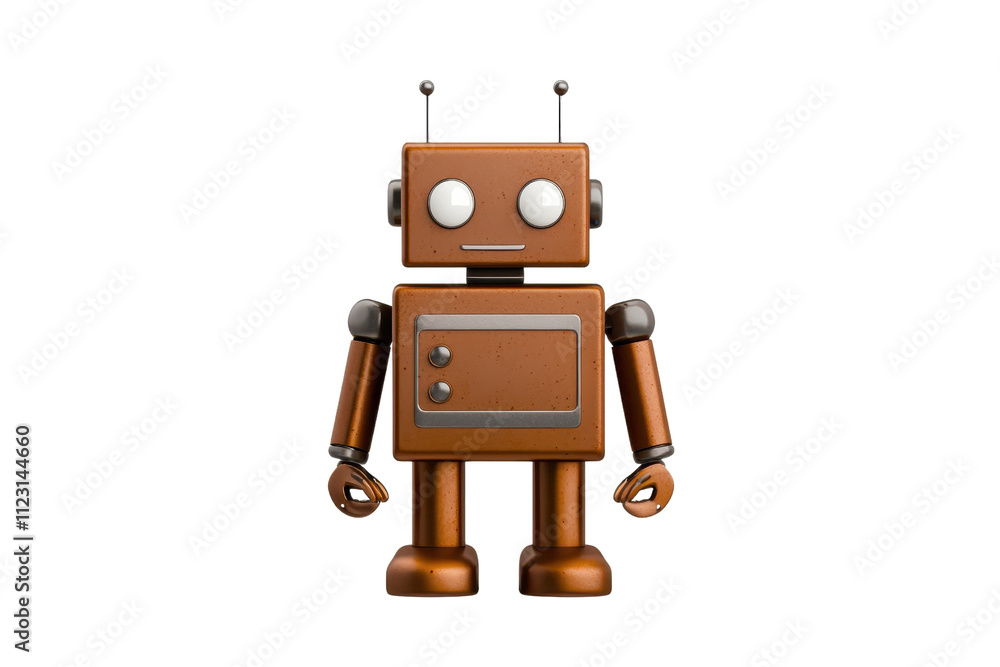 Poster a vintage-style robot with rounded features and antennae, showcasing metallic arms and a boxy body w
