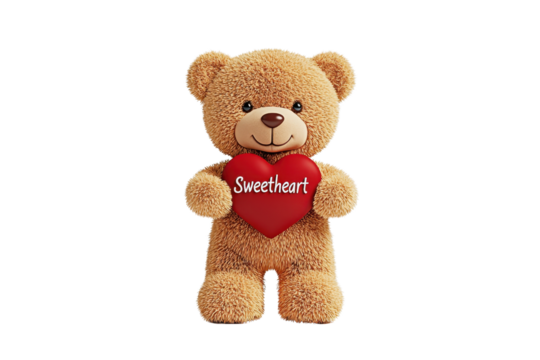 A cute teddy bear holding a red heart that reads "Sweetheart.