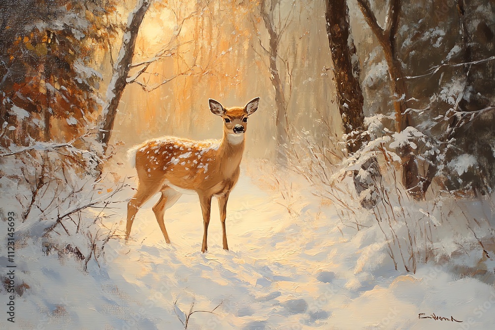 Poster a serene winter scene featuring a deer in a snowy forest with soft sunlight filtering through trees.