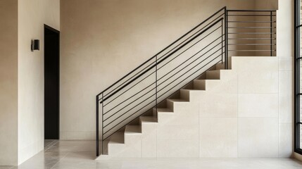 Obraz premium Modern staircase with a subtle industrial feel, featuring a slim metal railing, lightly textured steps, and neutral tones