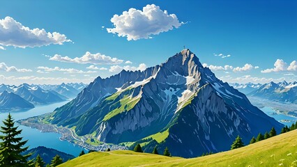 Pilatus kulm mountain summit distant view taken from Lucerne during summer with clear blue sky Switzerland