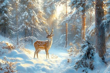 A serene winter landscape featuring a deer amidst snowy trees and soft sunlight.