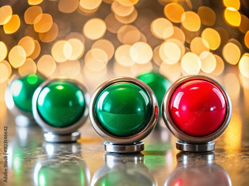 Poster vibrant red and green glossy push buttons in a panoramic view, showcasing their sleek design and tex