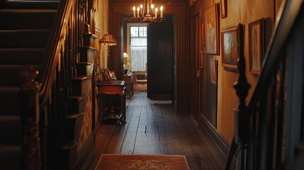 Obraz premium Narrow hallway in a historic home with creaky wooden floors, antique artwork, and a rustic chandelier casting a warm glow