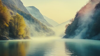 Fototapeta premium A serene landscape featuring a misty river surrounded by majestic mountains, colorful foliage, and a peaceful sunrise illuminating the scene
