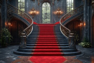 Fototapeta premium A grand staircase with ornate railings and a red carpet in an elegant interior space.