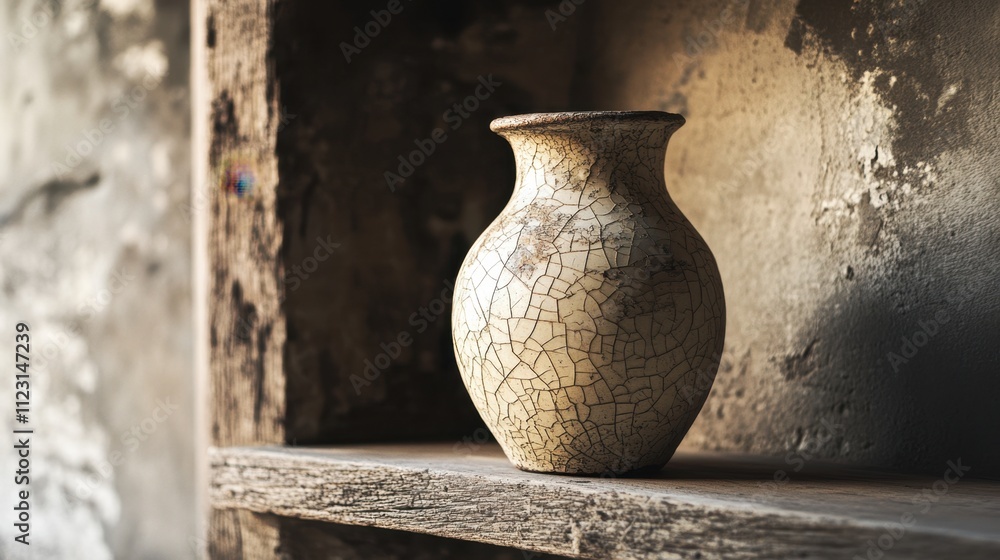 Poster a unique pottery vase with detailed crackle patterns rests on a rustic wooden shelf in a dimly lit r