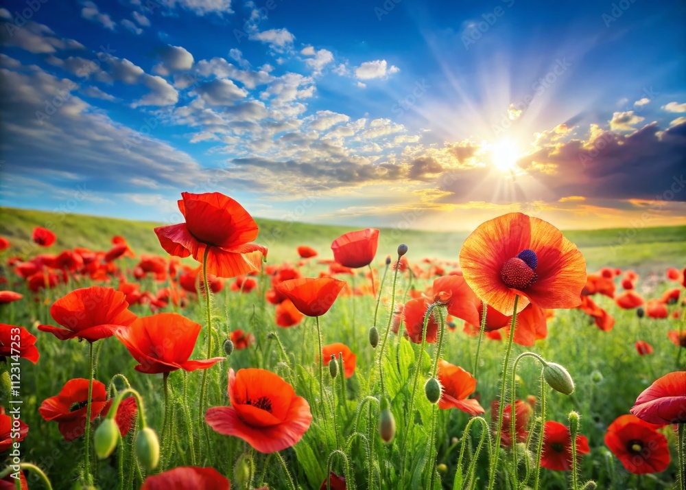 Poster Vibrant Red Poppies Bordering a Serene Meadow with Copy Space for Text and Design Elements