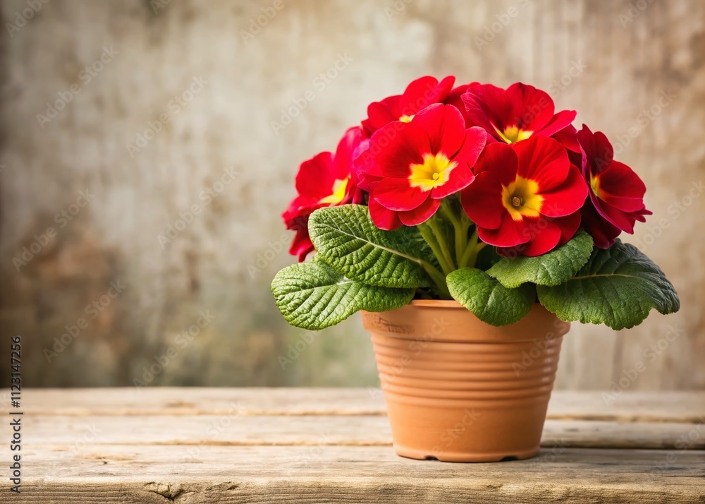 Poster vibrant red primrose in flower pot with clear background for versatile usage in digital designs and 