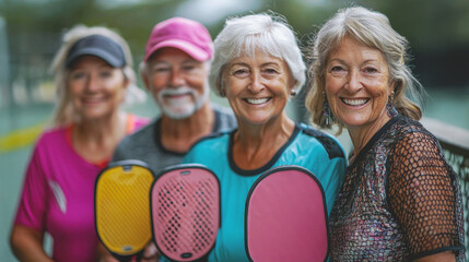 Group of senior citizens holding Rocket Pickleball smiling.