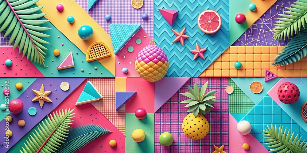 Poster vibrant retro pop-art abstract composition featuring cute elements in 80s-90s style with bold colors