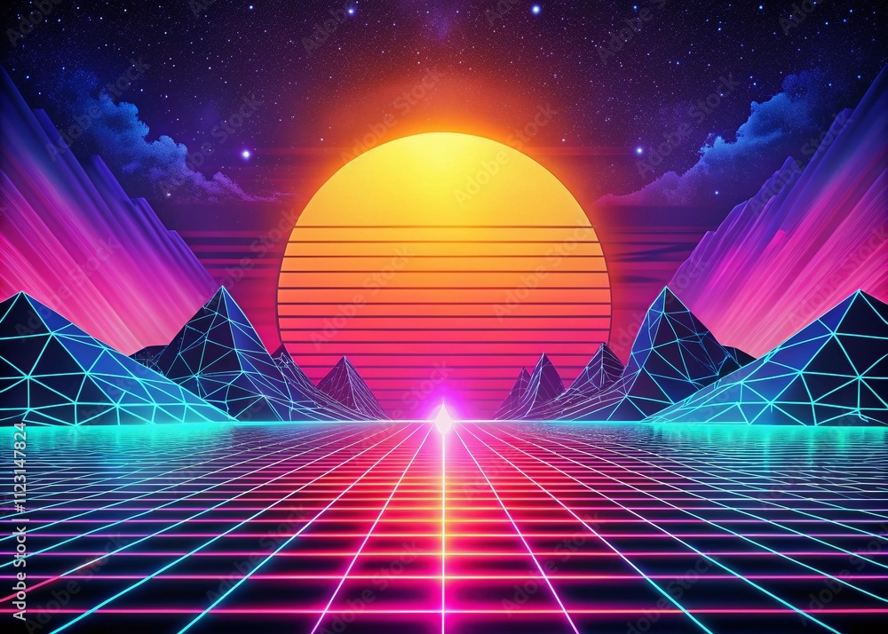 Poster Vibrant Retrowave Background with Neon Colors and High Depth of Field for Futuristic Aesthetics and Retro Style Visuals, Perfect for Digital Art and Graphic Design Projects