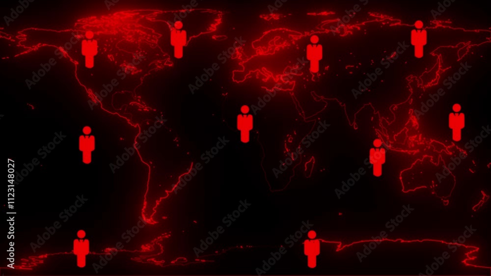 Poster digital neon world map with neon network connections and communication icons world global technology